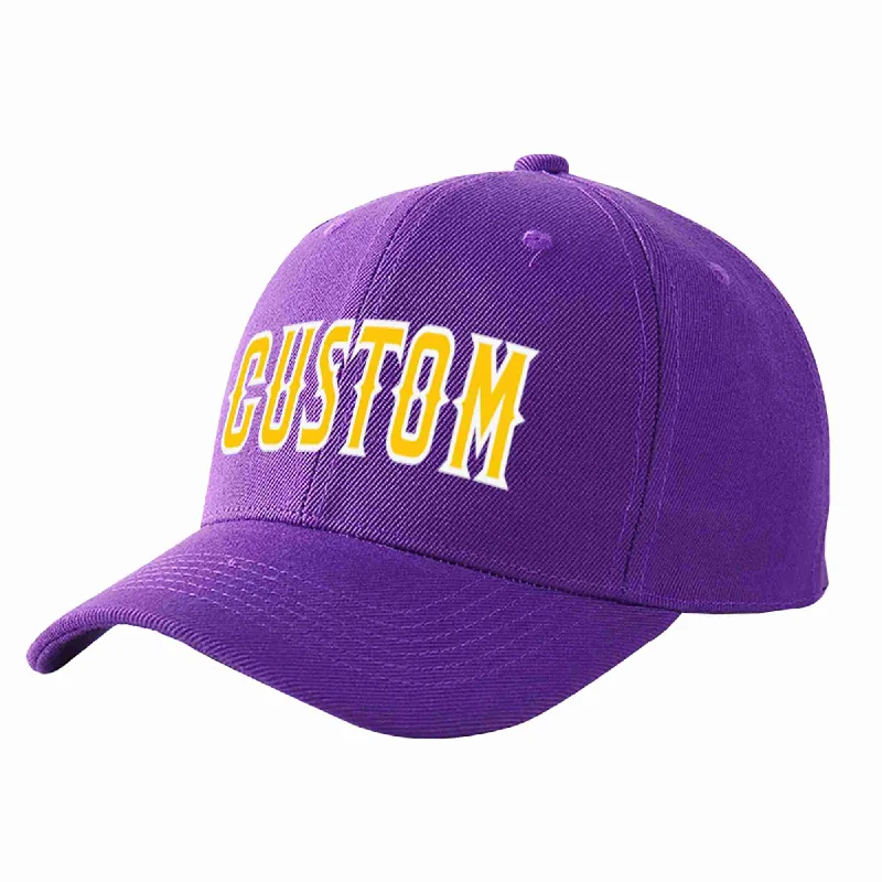 Backpacking Baseball Cap-Custom Purple Gold-White Curved Eaves Sport Baseball Cap Design for Men/Women/Youth