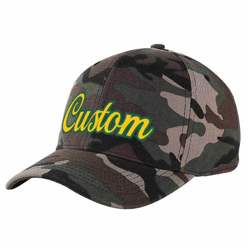 Aviation Baseball Cap-Custom Camo Gold-Kelly Green Curved Eaves Sport Baseball Cap Design for Men/Women/Youth