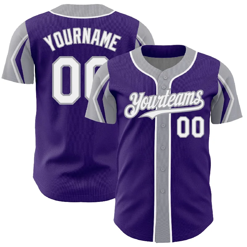 Sibling Baseball Jersey-Custom Purple White-Gray 3 Colors Arm Shapes Authentic Baseball Jersey