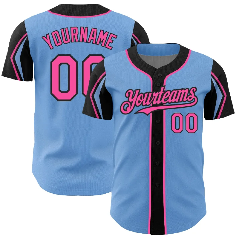 All-Weather Baseball Jersey-Custom Light Blue Pink-Black 3 Colors Arm Shapes Authentic Baseball Jersey