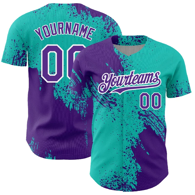 Custom Baseball Jersey-Custom Aqua Purple-White 3D Pattern Design Abstract Brush Stroke Authentic Baseball Jersey