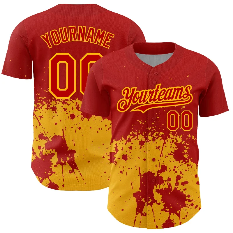 High School Baseball Jersey-Custom Red Gold 3D Pattern Design Abstract Splash Grunge Art Authentic Baseball Jersey