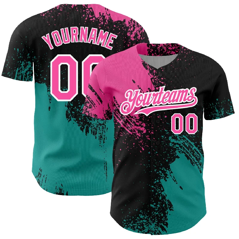 Long Sleeve Baseball Jersey-Custom Black Pink-Teal 3D Pattern Design Abstract Brush Stroke Authentic Baseball Jersey