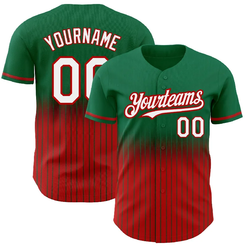 Graphic Baseball Jersey-Custom Kelly Green Pinstripe White-Red Authentic Fade Fashion Baseball Jersey