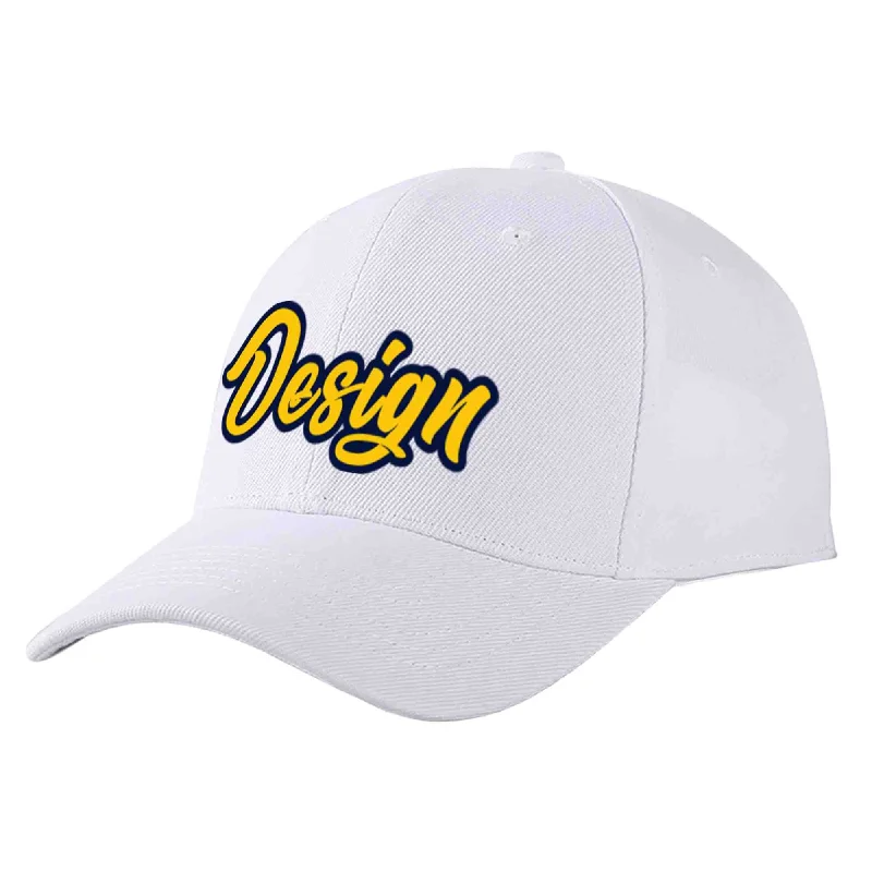 Canvas Baseball Cap-Custom White Yellow-Navy Curved Eaves Sport Design Baseball Cap