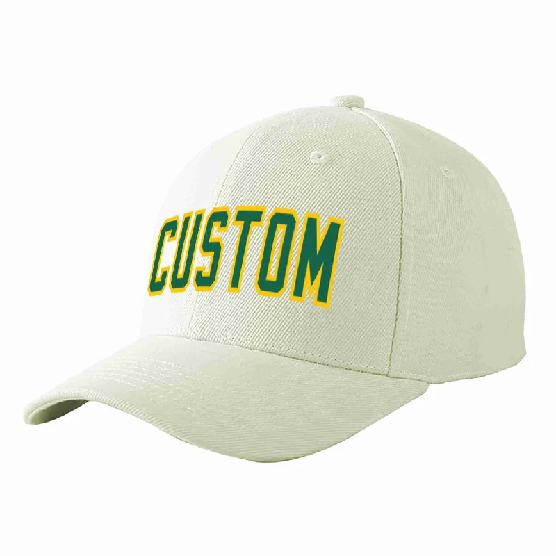 Sports Fan Baseball Cap-Custom Cream Kelly Green-Gold Curved Eaves Sport Baseball Cap Design for Men/Women/Youth