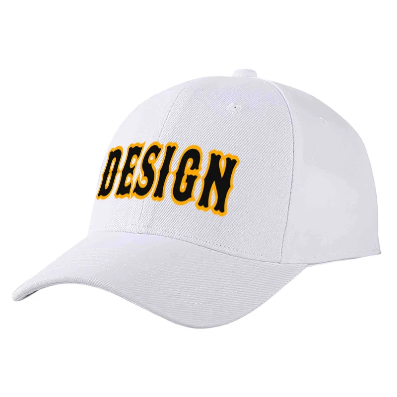 Unstructured Baseball Cap-Custom White Black-Yellow Curved Eaves Sport Design Baseball Cap