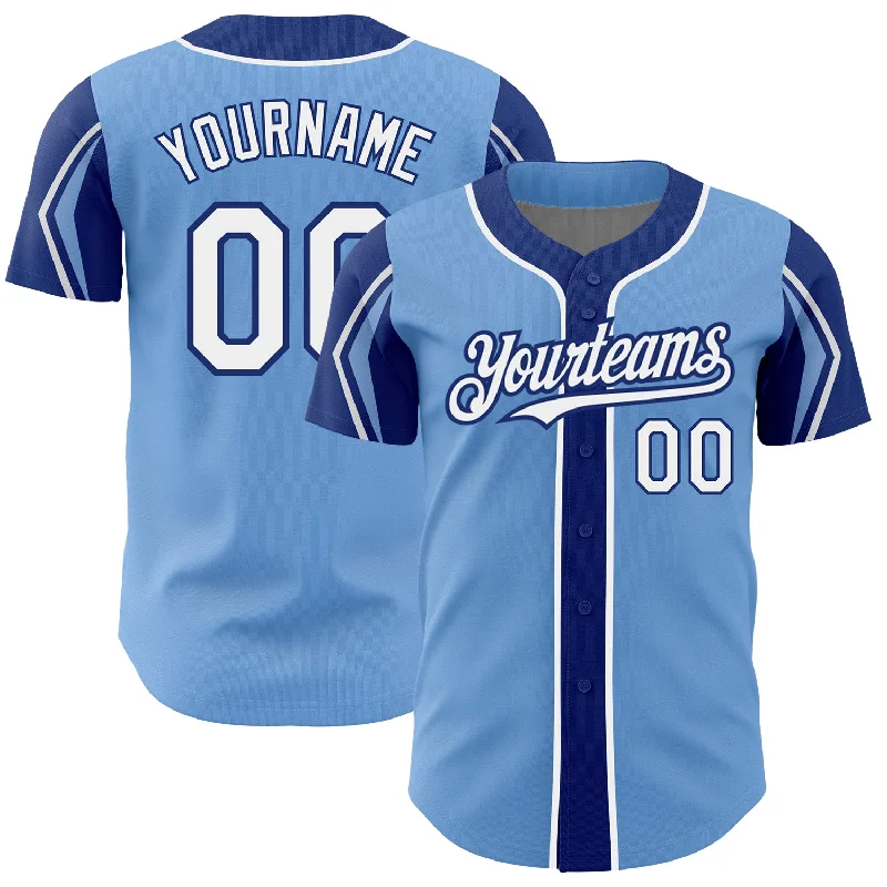 Baseball Commentator Jersey-Custom Light Blue White-Royal 3 Colors Arm Shapes Authentic Baseball Jersey