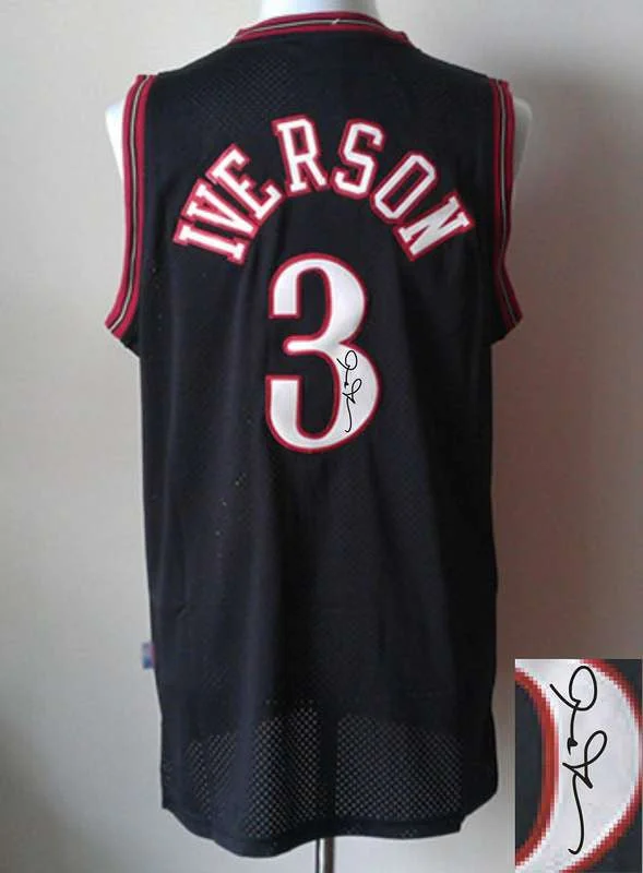 Basketball Memorabilia Jersey-76ers 3 Iverson Black Signature Edition Basketball Jerseys