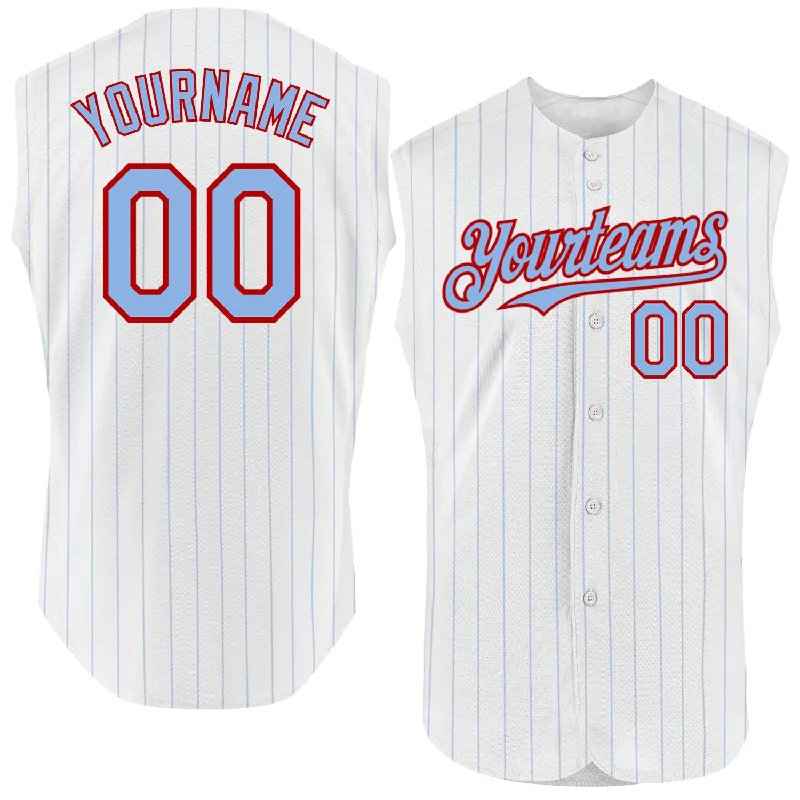 Youth Baseball Jersey-Custom White Light Blue Pinstripe Navy Authentic Sleeveless Baseball Jersey