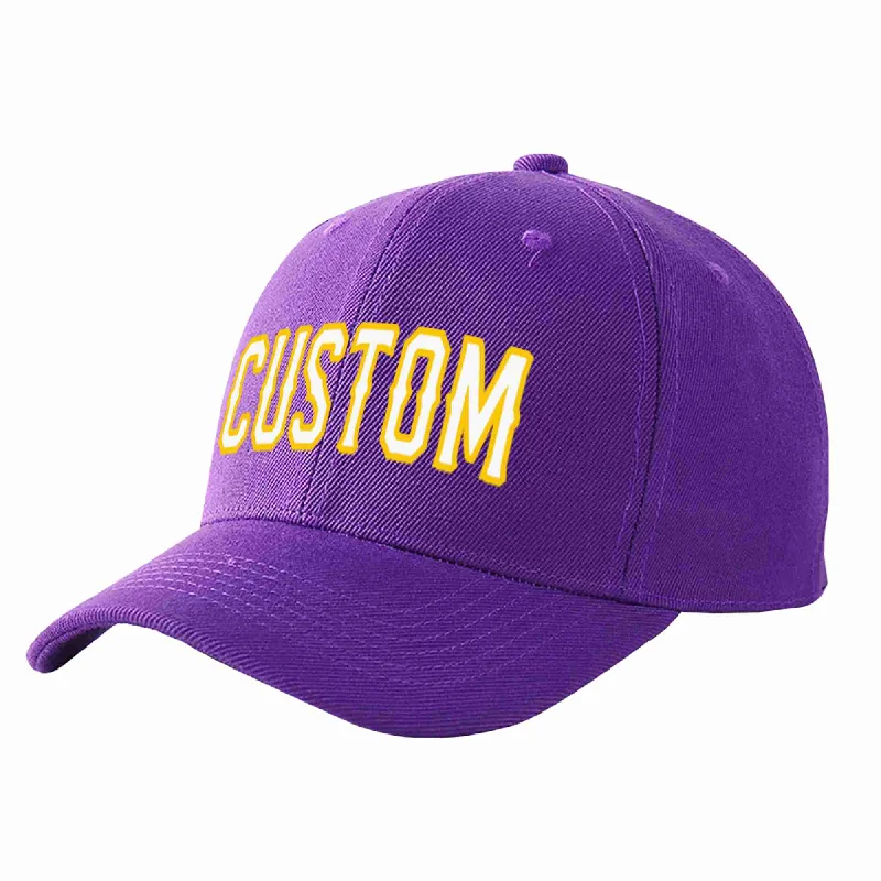 Festival Baseball Cap-Custom Purple White-Gold Curved Eaves Sport Baseball Cap Design for Men/Women/Youth