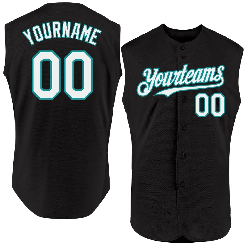 Reflective Baseball Jersey-Custom Black White-Teal Authentic Sleeveless Baseball Jersey