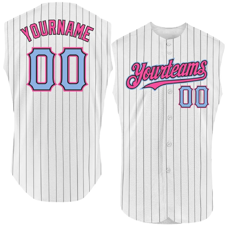 Streetwear Baseball Jersey-Custom White Black Pinstripe Light Blue-Pink Authentic Sleeveless Baseball Jersey