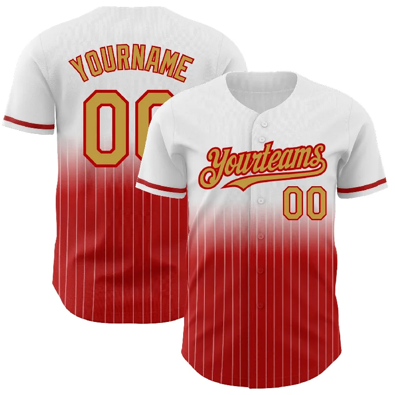 Striped Baseball Jersey-Custom White Pinstripe Old Gold-Red Authentic Fade Fashion Baseball Jersey