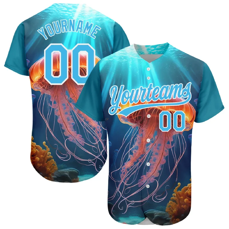 Purple Baseball Jersey-Custom Sky Blue White 3D Pattern Design Jellyfish Floating In The Ocean Authentic Baseball Jersey