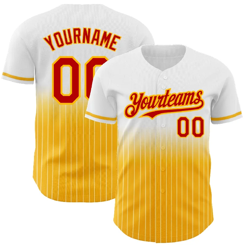 Embroidered Baseball Jersey-Custom White Pinstripe Red-Gold Authentic Fade Fashion Baseball Jersey