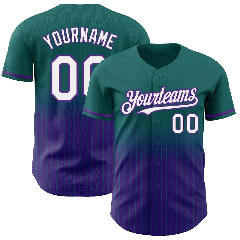 Baseball Player Jersey-Custom Teal Pinstripe White-Purple Authentic Fade Fashion Baseball Jersey