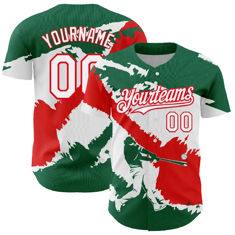 Custom Name Baseball Jersey-Custom Kelly Green White-Fire Red 3D Mexico Mexican Flag Authentic Baseball Jersey