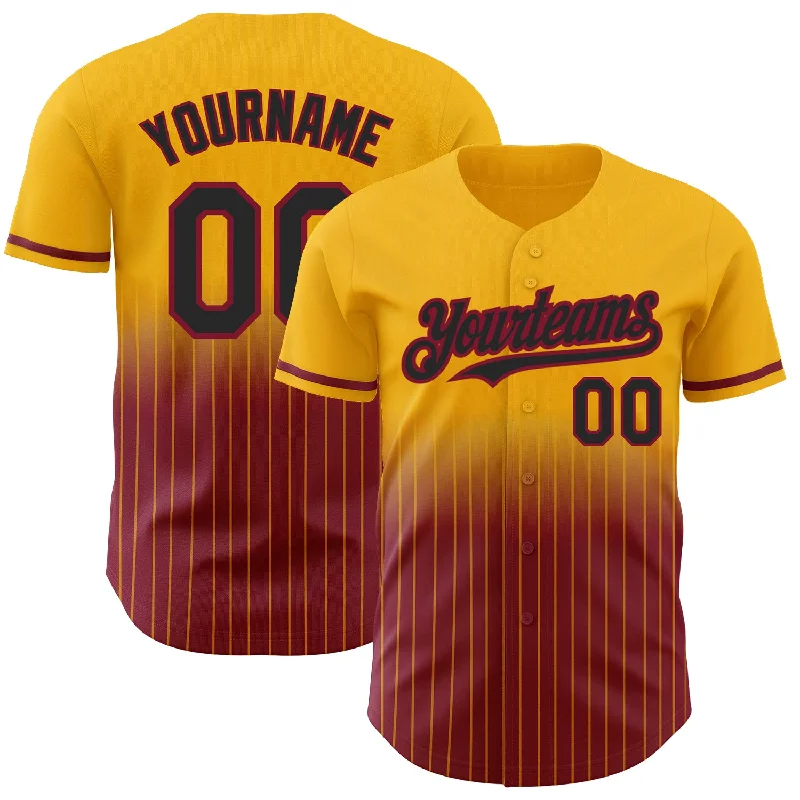 Cropped Baseball Jersey-Custom Gold Pinstripe Black-Crimson Authentic Fade Fashion Baseball Jersey