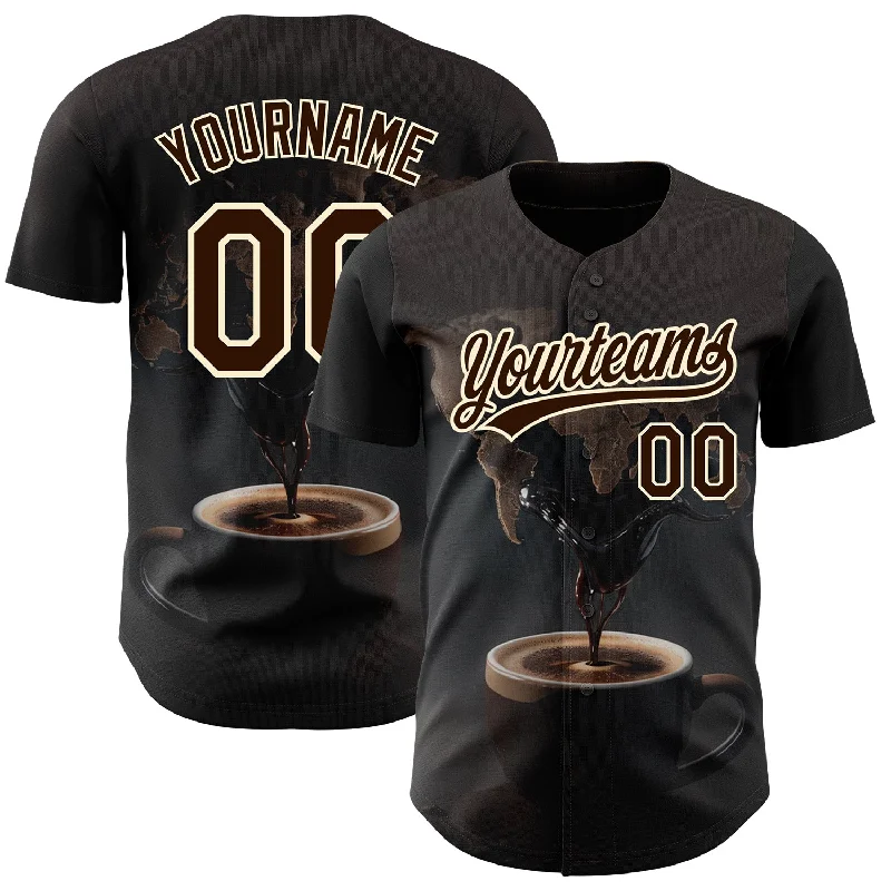 Graphic Baseball Jersey-Custom Black Brown Cream 3D Pattern Design International Coffee Day Authentic Baseball Jersey