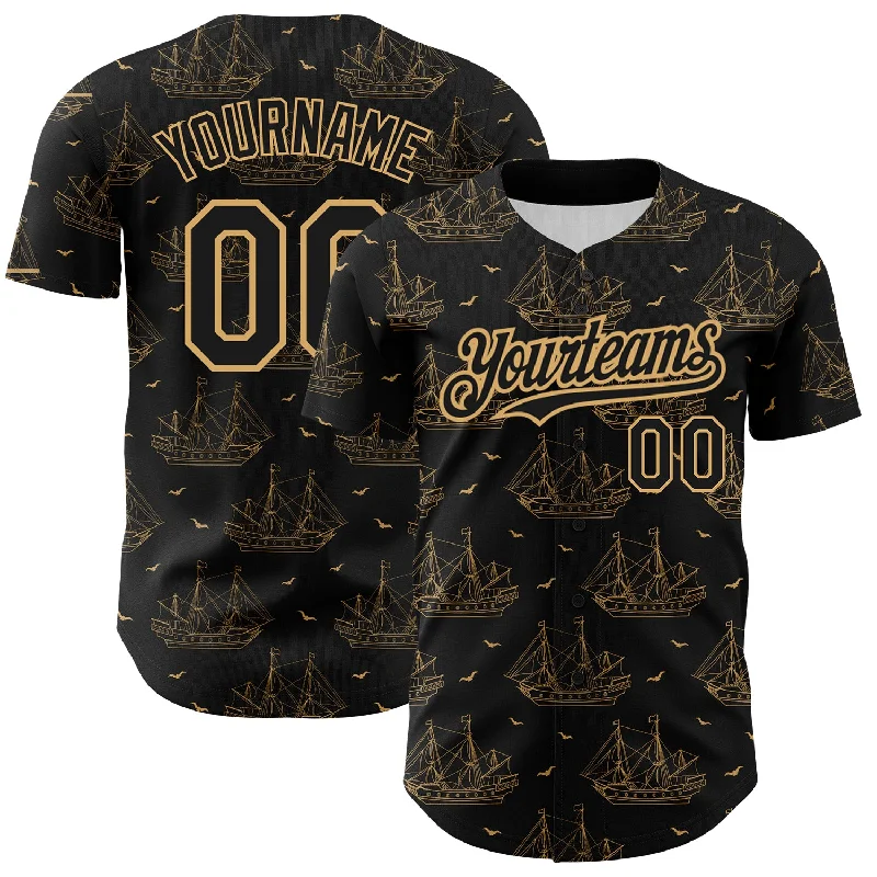 Slim Fit Baseball Jersey-Custom Black Old Gold 3D Pattern Design Ship Frigate With Seagulls Authentic Baseball Jersey