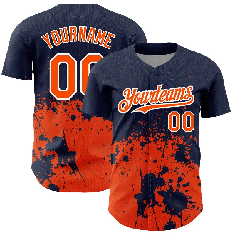 Authentic Baseball Jersey-Custom Navy Orange-White 3D Pattern Design Abstract Splash Grunge Art Authentic Baseball Jersey