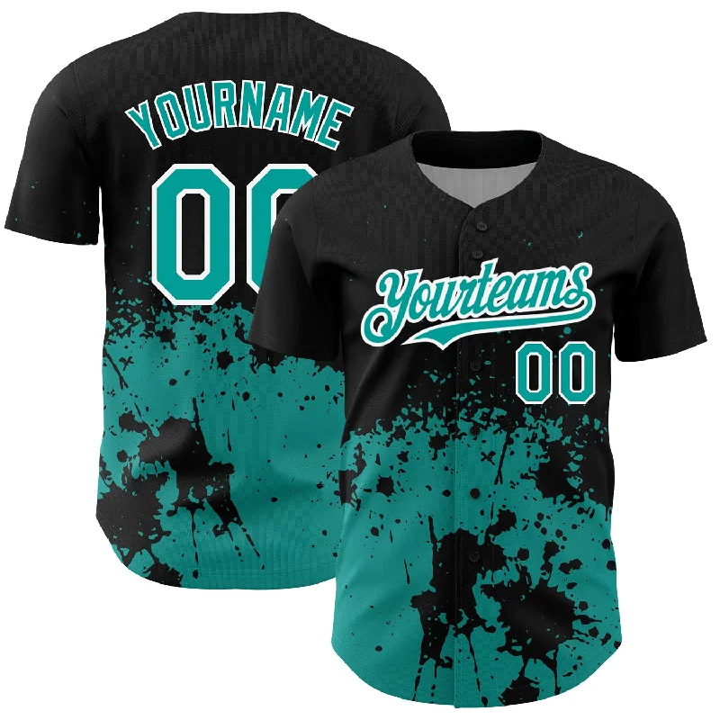 Baseball Team Uniform Jersey-Custom Black Teal-White 3D Pattern Design Abstract Splash Grunge Art Authentic Baseball Jersey