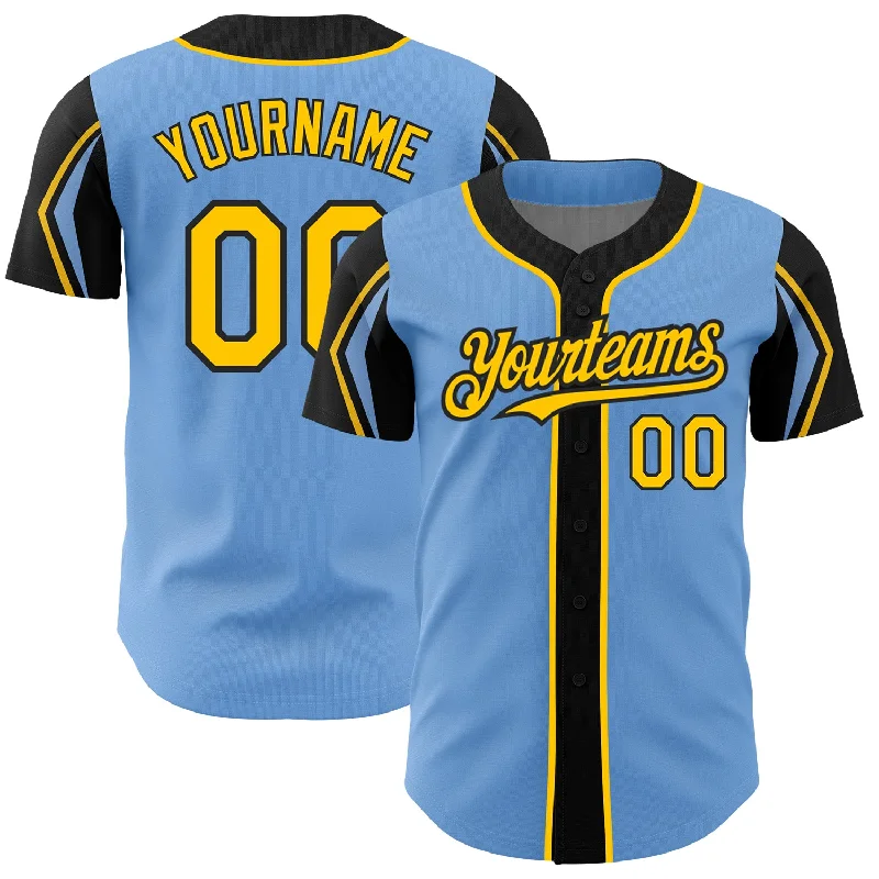 Baseball Memorabilia Jersey-Custom Light Blue Yellow-Black 3 Colors Arm Shapes Authentic Baseball Jersey