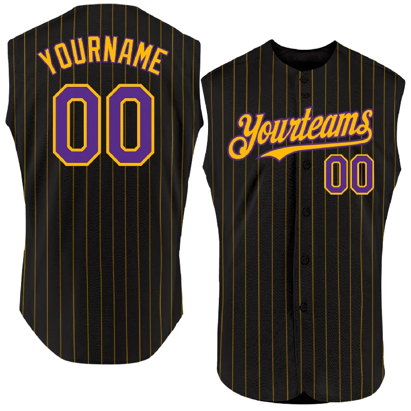 Baseball Party Jersey-Custom Black Gold Pinstripe White Authentic Sleeveless Baseball Jersey