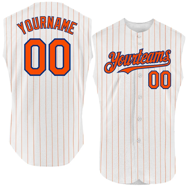 Embroidered Baseball Jersey-Custom White Orange Pinstripe Navy Authentic Sleeveless Baseball Jersey