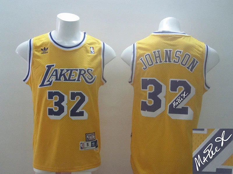 Soft Fabric Basketball Jersey-Lakers 32 Johnson Gold Hardwood Classics Signature Edition Basketball Jerseys