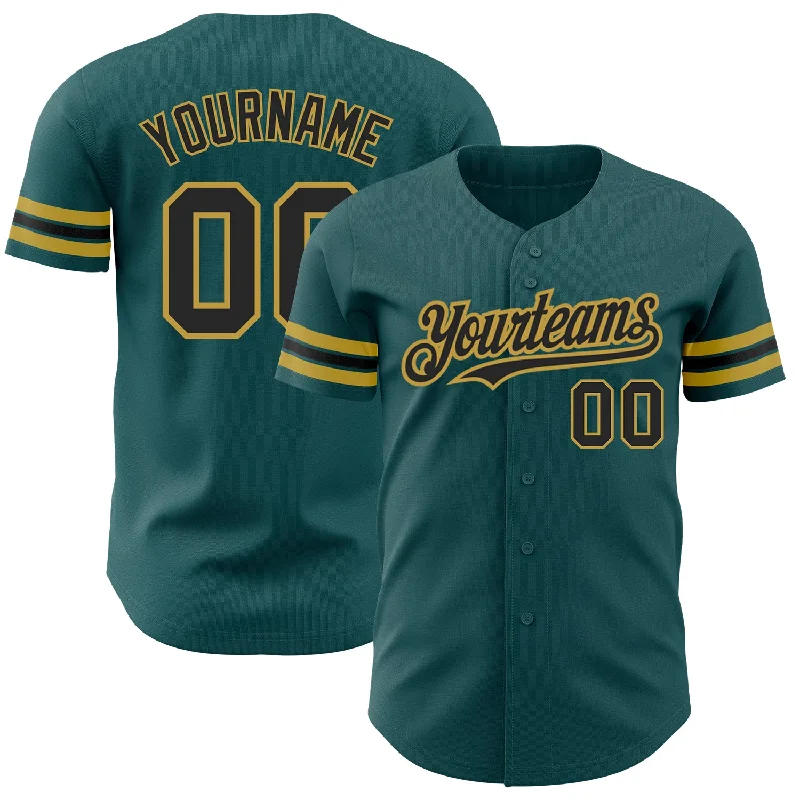 Button-Up Baseball Jersey-Custom Midnight Green Black-Old Gold Authentic Baseball Jersey