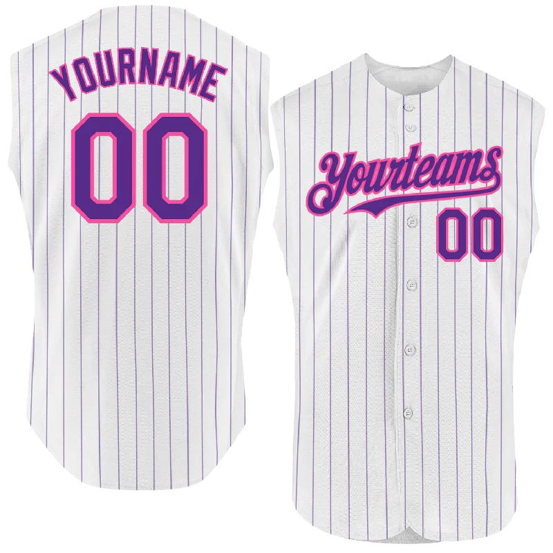 Baseball Player Autograph Jersey-Custom White Purple Pinstripe Orange Authentic Sleeveless Baseball Jersey