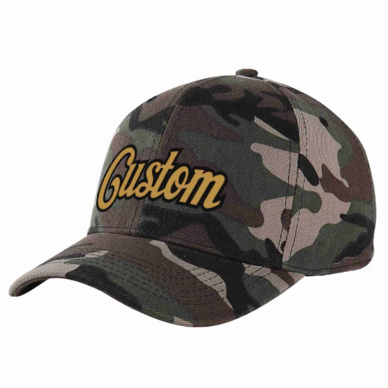 University Baseball Cap-Custom Camo Old Gold-Black Curved Eaves Sport Baseball Cap Design for Men/Women/Youth