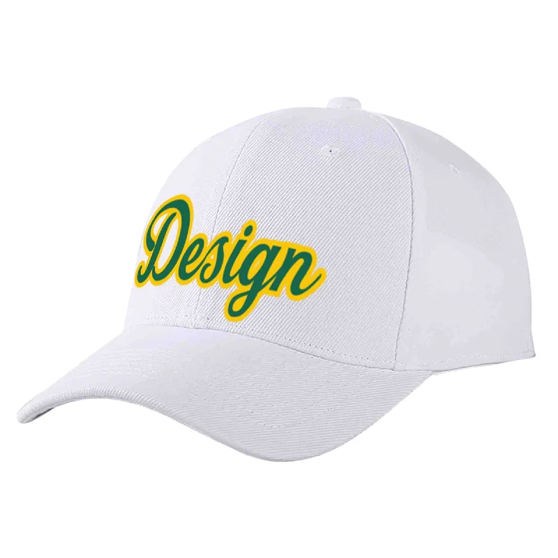 Women's Baseball Cap-Custom White Kelly Green-Yellow Curved Eaves Sport Design Baseball Cap