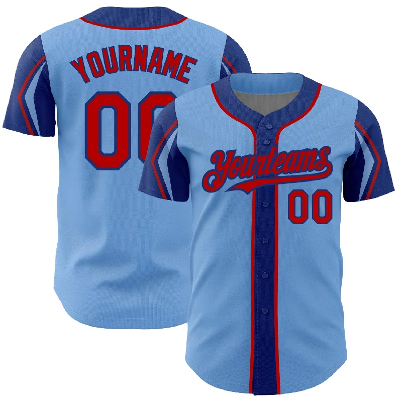 Fan Favorite Baseball Jersey-Custom Light Blue Red-Royal 3 Colors Arm Shapes Authentic Baseball Jersey