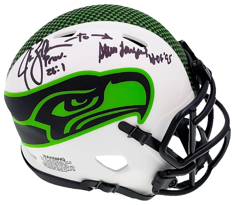 Hard Shell Rugby Helmet-Steve Largent & Jim Zorn Autographed Seattle Seahawks Lunar Eclipse White Speed Mini Helmet MCS Holo Stock #211065