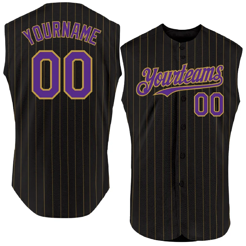 Birthday Baseball Jersey-Custom Black Old Gold Pinstripe Purple Authentic Sleeveless Baseball Jersey