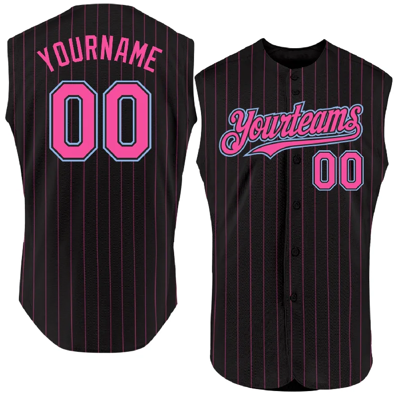 Baseball Hall of Fame Jersey-Custom Black Pink Pinstripe Aqua Authentic Sleeveless Baseball Jersey