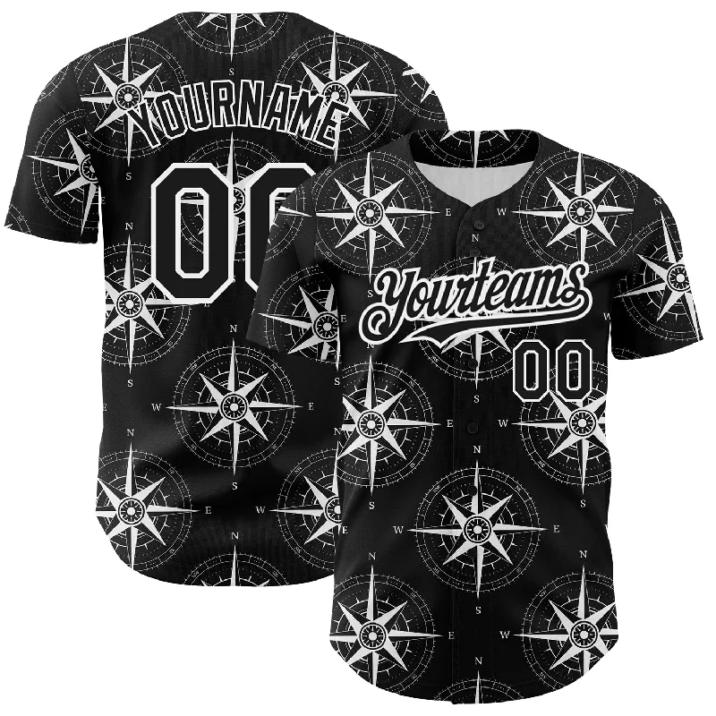 Comeback Baseball Jersey-Custom Black White 3D Pattern Design Navigation Compass Authentic Baseball Jersey