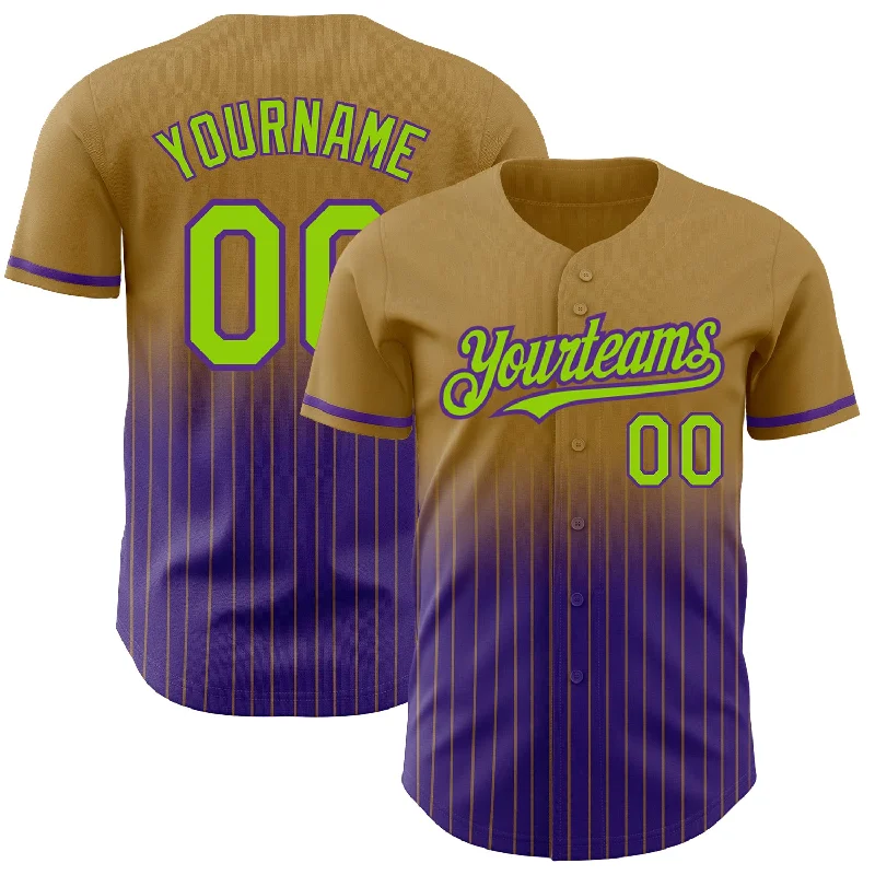 Baseball League Jersey-Custom Old Gold Pinstripe Neon Green-Purple Authentic Fade Fashion Baseball Jersey