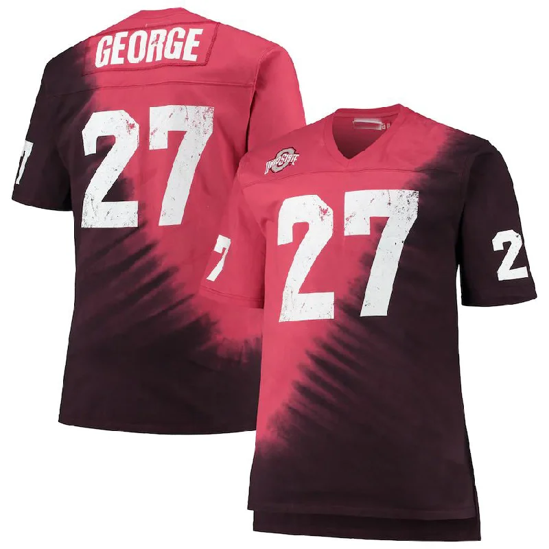 Fan Football Jersey-O.State Buckeyes #27 Eddie George Mitchell & Ness Name & Number Tie-Dye V-Neck T-Shirt Black Scarlet Football Jersey Stitched American College Jerseys