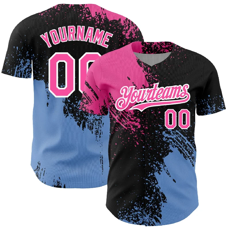 Mesh Baseball Jersey-Custom Black Pink-Light Blue 3D Pattern Design Abstract Brush Stroke Authentic Baseball Jersey