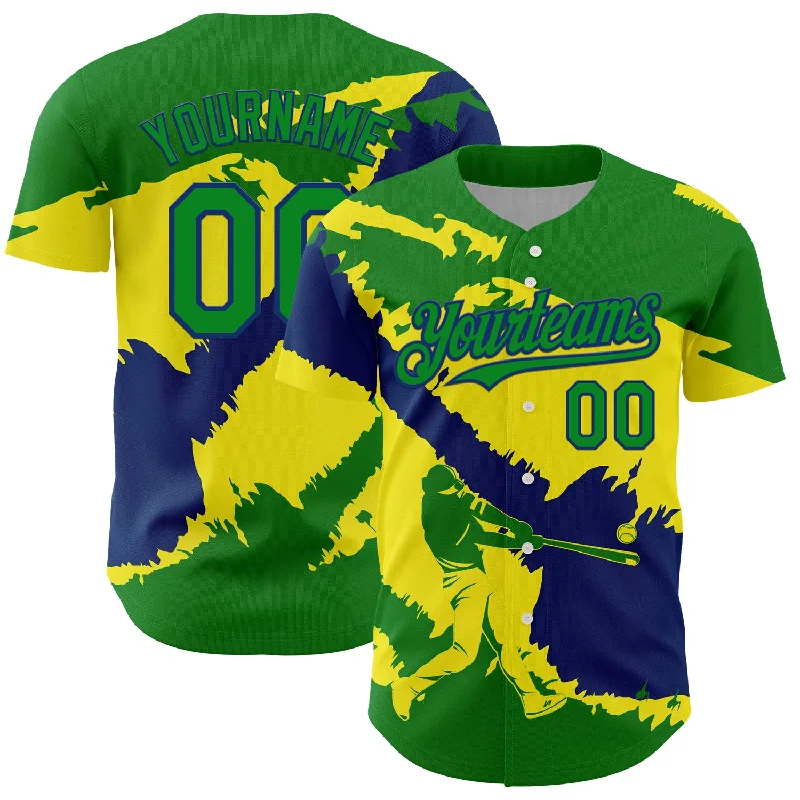 Name and Number Baseball Jersey-Custom Grass Green US Navy Blue-Light Yellow 3D Brazil Brazilian Flag Authentic Baseball Jersey