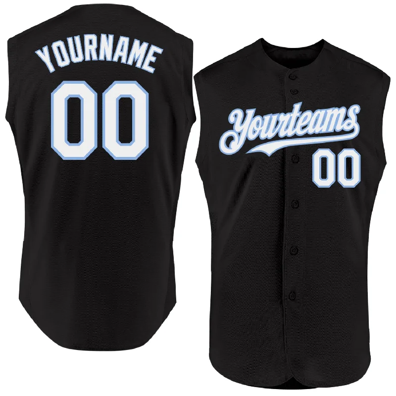 Heavy-Duty Baseball Jersey-Custom Black White-Light Blue Authentic Sleeveless Baseball Jersey