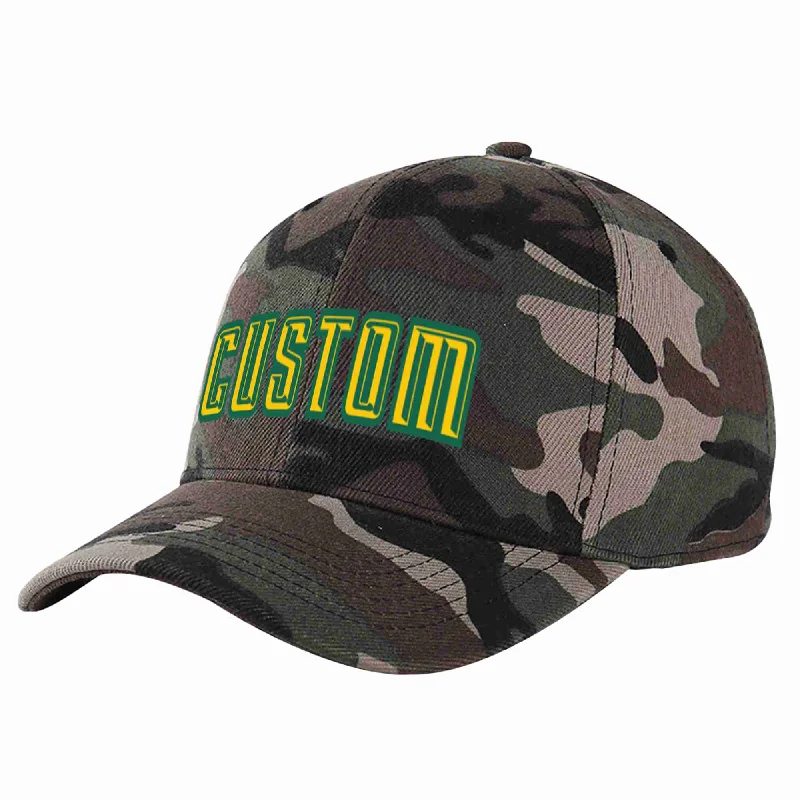 Travel Baseball Cap-Custom Camo Gold-Kelly Green Curved Eaves Sport Baseball Cap Design for Men/Women/Youth