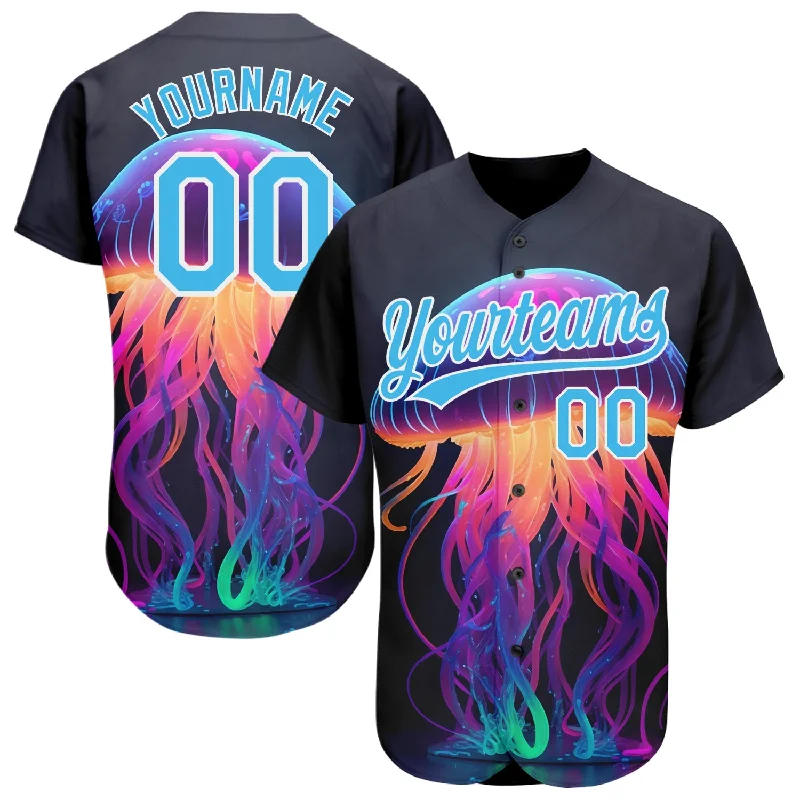 Pink Baseball Jersey-Custom Black Sky Blue-White 3D Pattern Design Neon Jellyfish Authentic Baseball Jersey