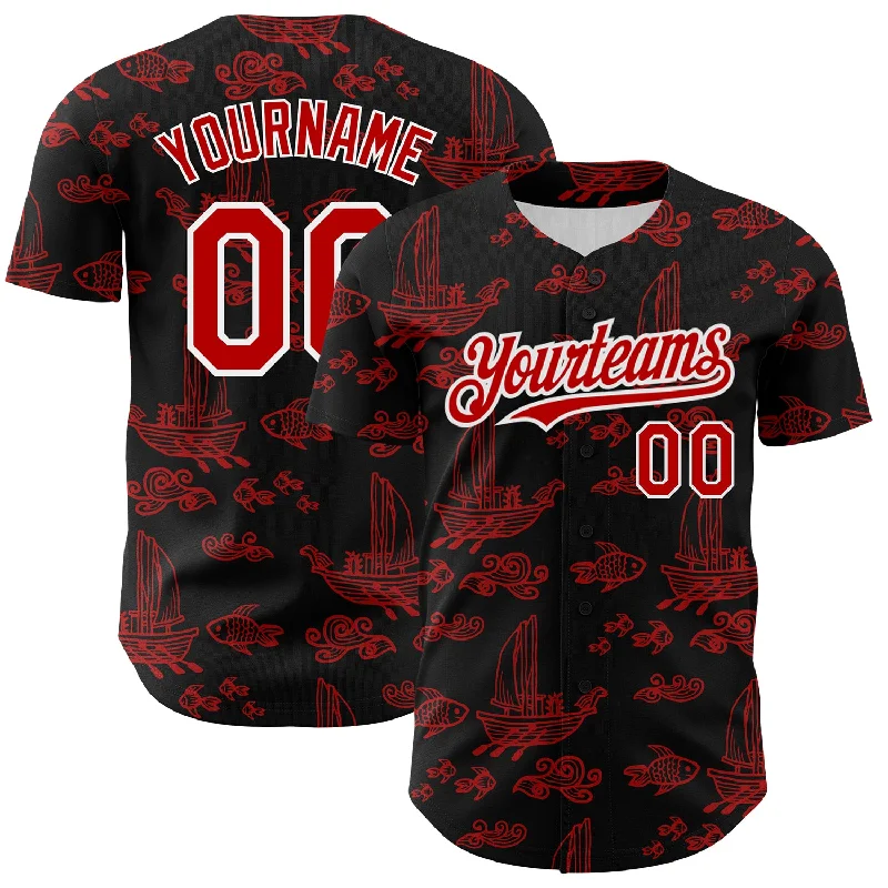 Summer Baseball Jersey-Custom Black Red-White 3D Pattern Design Boats And Fish Authentic Baseball Jersey