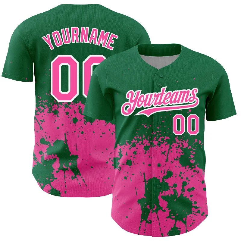 Supporter Baseball Jersey-Custom Kelly Green Pink-White 3D Pattern Design Abstract Splash Grunge Art Authentic Baseball Jersey