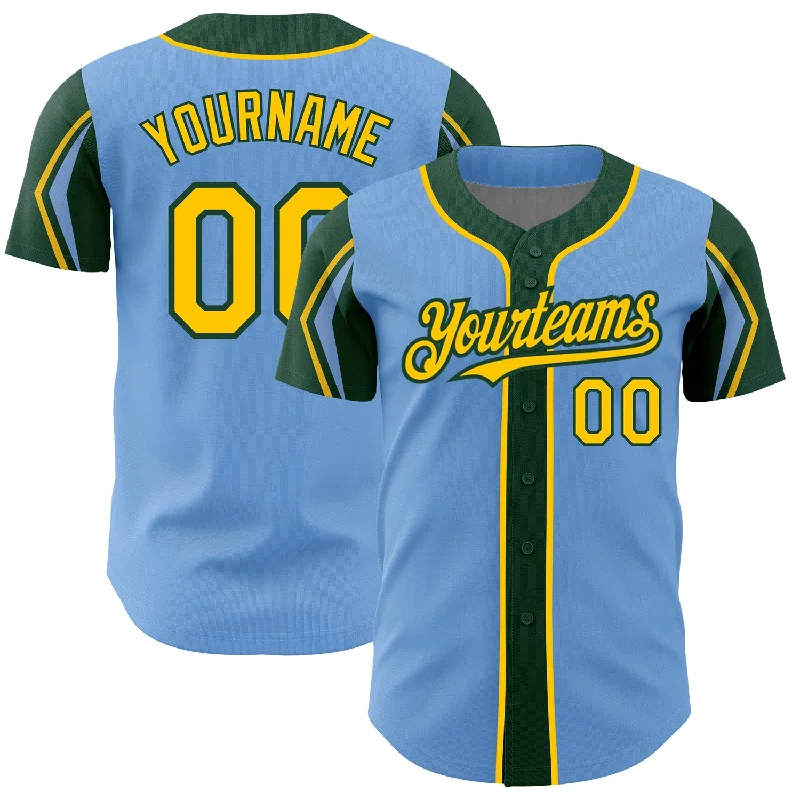 Baseball Collector Jersey-Custom Light Blue Yellow-Green 3 Colors Arm Shapes Authentic Baseball Jersey